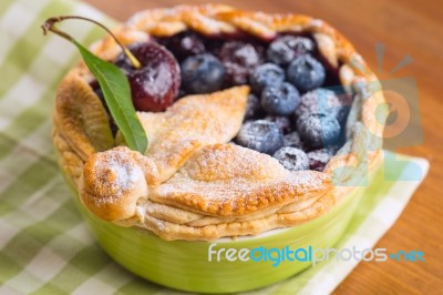 Decorated Homemade Shortcrust Pastry Berry Pie With Blueberries Stock Photo