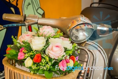 Decoration Artificial Flower In Basket On Moterbike Stock Photo