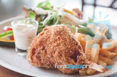 Deep Chicken Fried With Salad Stock Photo