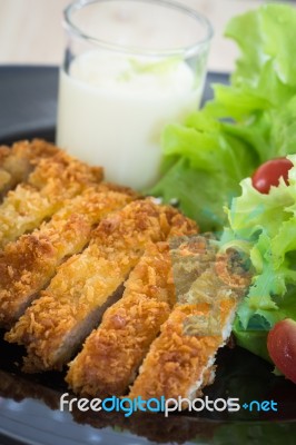 Deep Fried Breaded Pork Rice With Salad Stock Photo