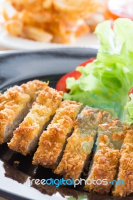 Deep Fried Breaded Pork Rice With Salad Stock Photo