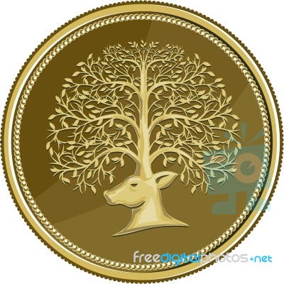 Deer Head Tree Antler Gold Coin Retro Stock Image