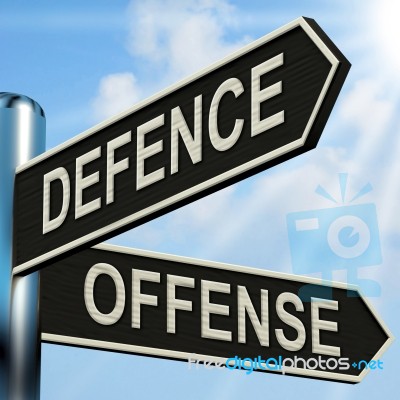 Defence Offense Signpost Shows Defending And Tactics Stock Image