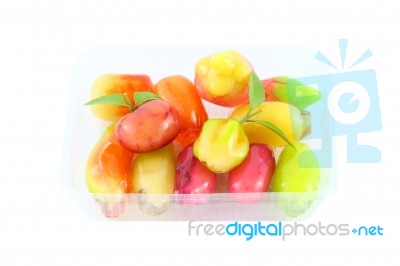 Deletable Imitation Fruits Dessert On Plastic Package Stock Photo