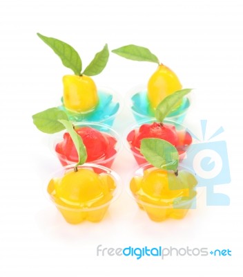 Deletable Imitation Fruits In Jelly Cup On White Floor Stock Photo