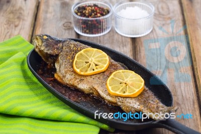 Delicious Baked Rainbow Trout With Lemon Straight From The Oven Stock Photo