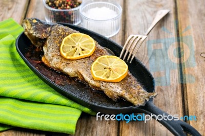 Delicious Baked Rainbow Trout With Lemon Straight From The Oven Stock Photo