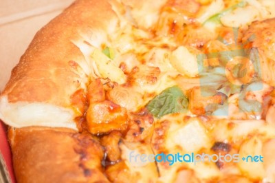 Delicious Pizza Pan With Cheese Crust Stock Photo