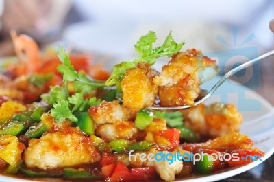 Delicious Sea Bass Fish With Sweet And Sour Sauce Stock Photo