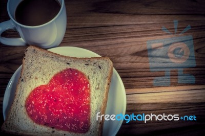 Delicious Slice Of Bread With Strawberry Jam Heart Shape Stock Photo