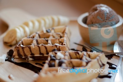 Delicious Sweet Dessert : Homemade Waffle With Chocolate Sauce ,… Stock Photo