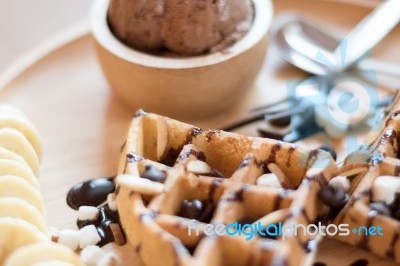 Delicious Sweet Dessert : Homemade Waffle With Chocolate Sauce ,… Stock Photo