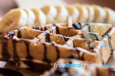 Delicious Sweet Dessert : Homemade Waffle With Chocolate Sauce ,… Stock Photo