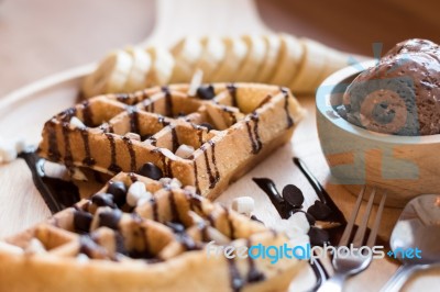 Delicious Sweet Dessert : Homemade Waffle With Chocolate Sauce ,… Stock Photo