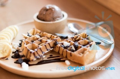 Delicious Sweet Dessert : Homemade Waffle With Chocolate Sauce ,… Stock Photo