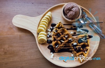 Delicious Sweet Dessert : Homemade Waffle With Chocolate Sauce ,… Stock Photo