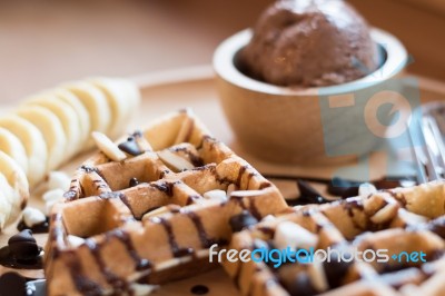 Delicious Sweet Dessert : Homemade Waffle With Chocolate Sauce ,… Stock Photo