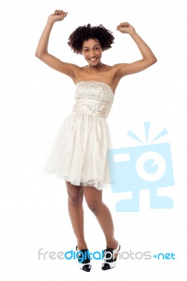 Delighted Young Lady Partying And Dancing Stock Photo