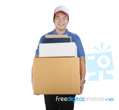 Delivery Man Carrying Container Box Toothy Smiling Face Isolated White Background Stock Photo