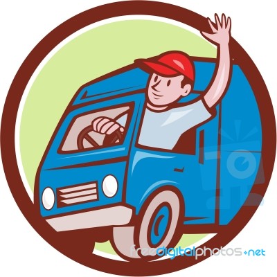 Delivery Man Waving Driving Van Circle Cartoon Stock Image