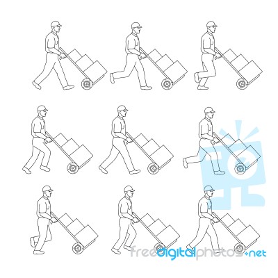 Delivery Worker Pushing Hand Cart Walk Sequence Drawing Stock Image