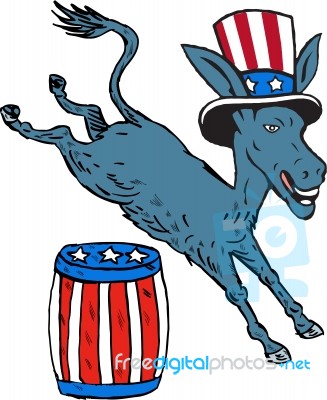 Democrat Donkey Mascot Jumping Over Barrel Cartoon Stock Image