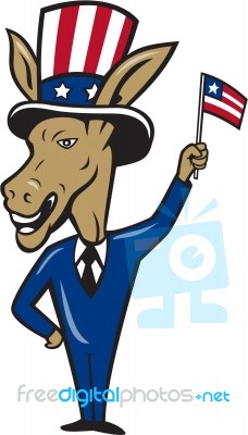 Democrat Donkey Mascot Waving Flag Cartoon Stock Image