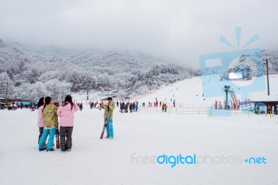 Deogyusan,korea - January 23: Skiers And Tourists In Deogyusan Ski Resort On Deogyusan Mountains,south Korea On January 23, 2015 Stock Photo