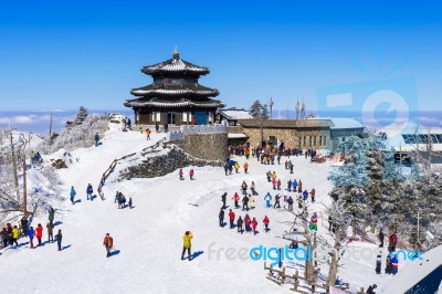 Deogyusan,korea - January 23: Tourists Taking Photos Of The Beautiful Scenery Around Deogyusan,south Korea On January 23, 2015 Stock Photo