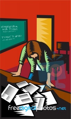 Depressed Female School Teacher Classroom Woodcut Stock Image