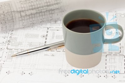 Design Plan With Coffee Stock Photo