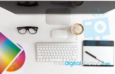 Designer Workspace White Table On Top View Stock Photo