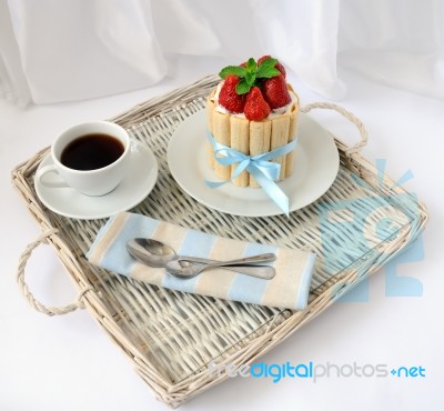 Dessert Souffle With Biscuit And Fresh Strawberries And A Cup Of… Stock Photo