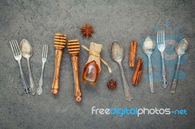 Desserts Background And Menu Design. Metal Utensils ,honey Dippe… Stock Photo