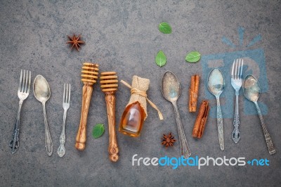 Desserts Background And Menu Design. Metal Utensils ,honey Dippe… Stock Photo