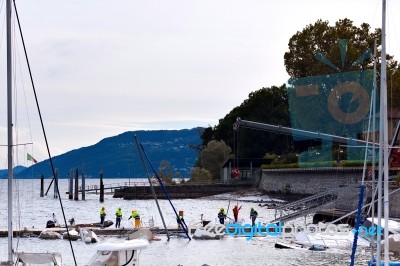 Destroyed  By Thunderstorm Piers With Boats In Verbania, Italy Stock Photo