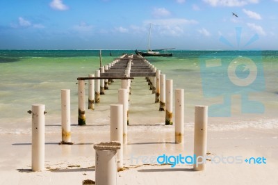 Destroyed Wooden Pier Dock And Picturesque, Relaxing Ocean View Stock Photo