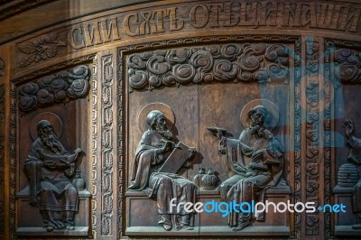 Detail From A Wooden Panel Inside St Vitus Cathedral In Prague Stock Photo