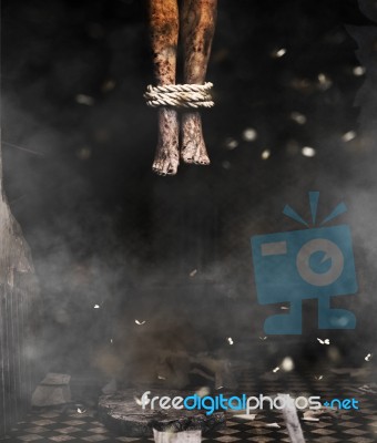 Devil's Legs,3d Illustration Of Dead Body's Legs Hang From The Ceiling Stock Image