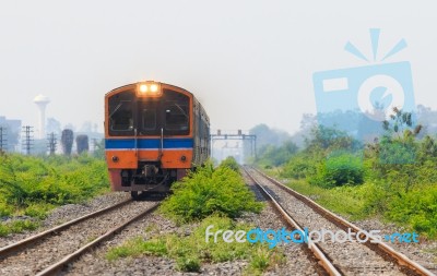 Diesel Engine Trains Running On Track Ways Stock Photo