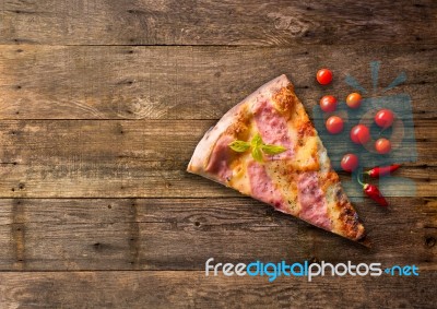 Diferents Types Of Pizza Cut On Wooden Table Stock Photo