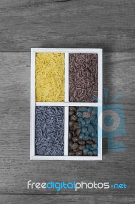 Different Rice Color And Coffee Bean In The Bucket Stock Photo