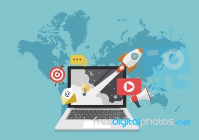 Digital Marketing Concept With World Map Background Stock Image