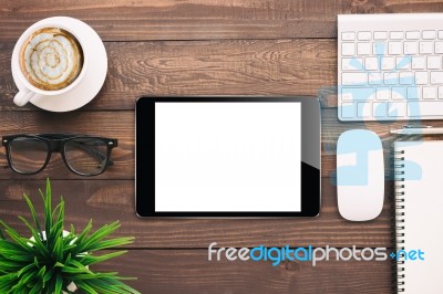 Digital Tablet Blank Screen On Work Desk, Mockup Black Tablet Stock Photo