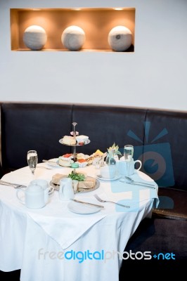 Dining Table All Set In A Restaurant Stock Photo