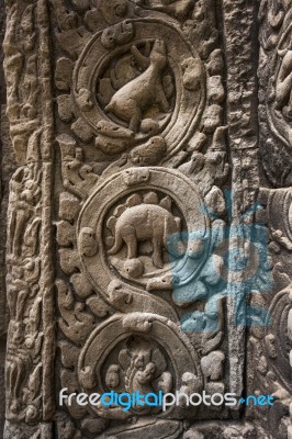 Dinosaur In Wrought At Angkor Wat Stock Photo