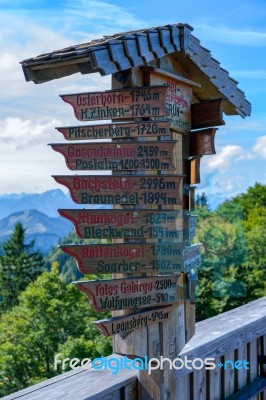 Distance Sign On  Zwölferhorn Mountain Stock Photo