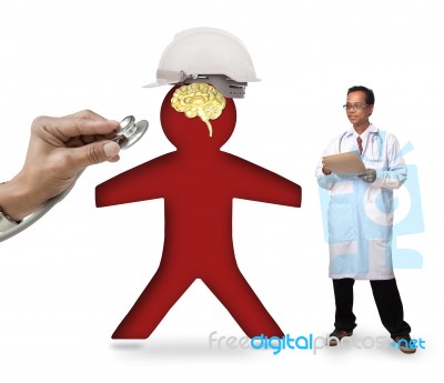 Doctor Checking Human Icon Wearing Safety Helmet Protect Smart B… Stock Photo