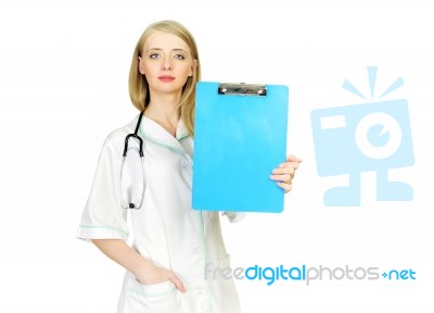 Doctor Showing Empty Clipboard Stock Photo