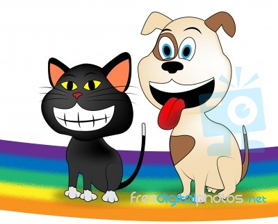 Dog Cat Rainbow Represents Colorful Doggy And Kitten Stock Image